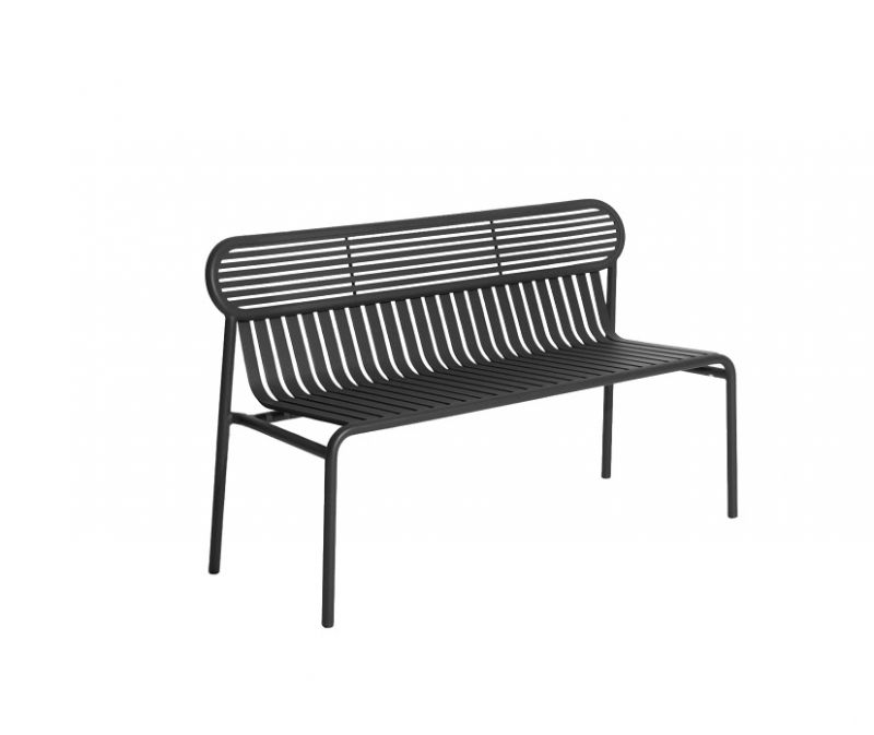 Week-End Gartenbank von Petite Friture, schwarze Metallbank mit Rückenlehne für den Außenbereich.